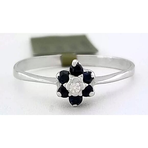 Genuine Blue Sapphire & Diamond Ring 14k White Gold